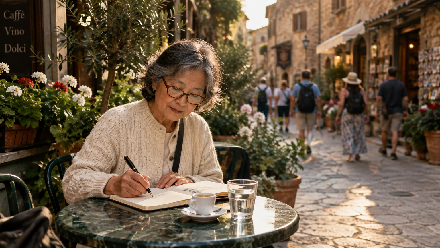 A senior woman writes in a notebook at an outdoor café table on a cobblestone street with pedestrians.
