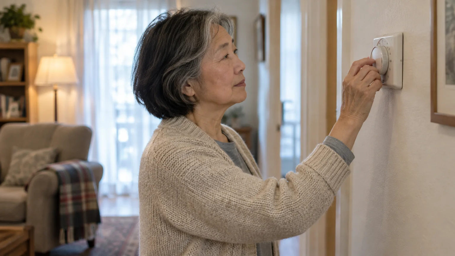 An older East Asian woman wearing a knit cardigan turns a dial thermostat on a hallway wall at home.