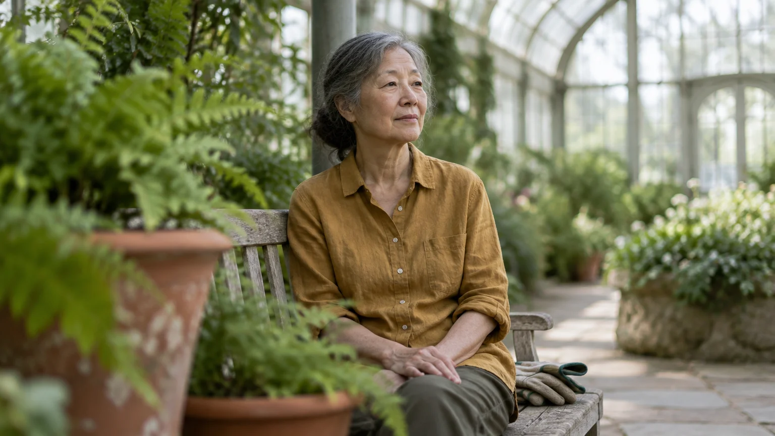 An older woman sits on a wooden bench surrounded by potted plants inside a bright greenhouse.