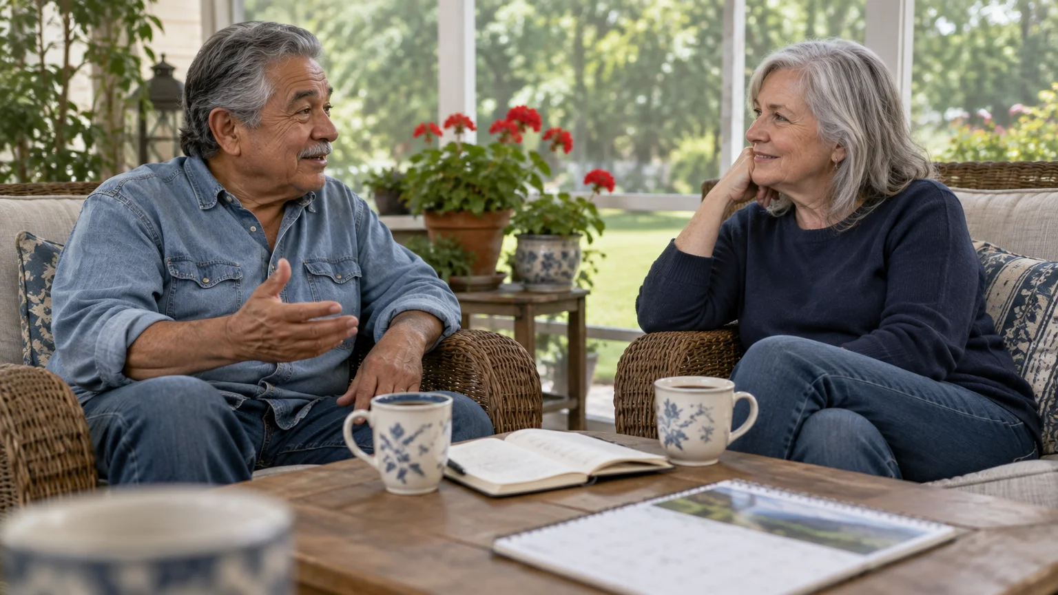 An older man and woman converse in wicker armchairs on a sunporch, with mugs, a notebook, and a calendar on the coffee table.