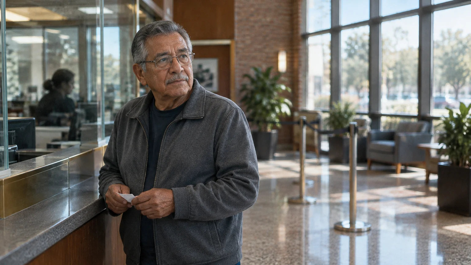 Senior man with glasses holding a ticket while standing at a service counter in a brightly lit office lobby.
