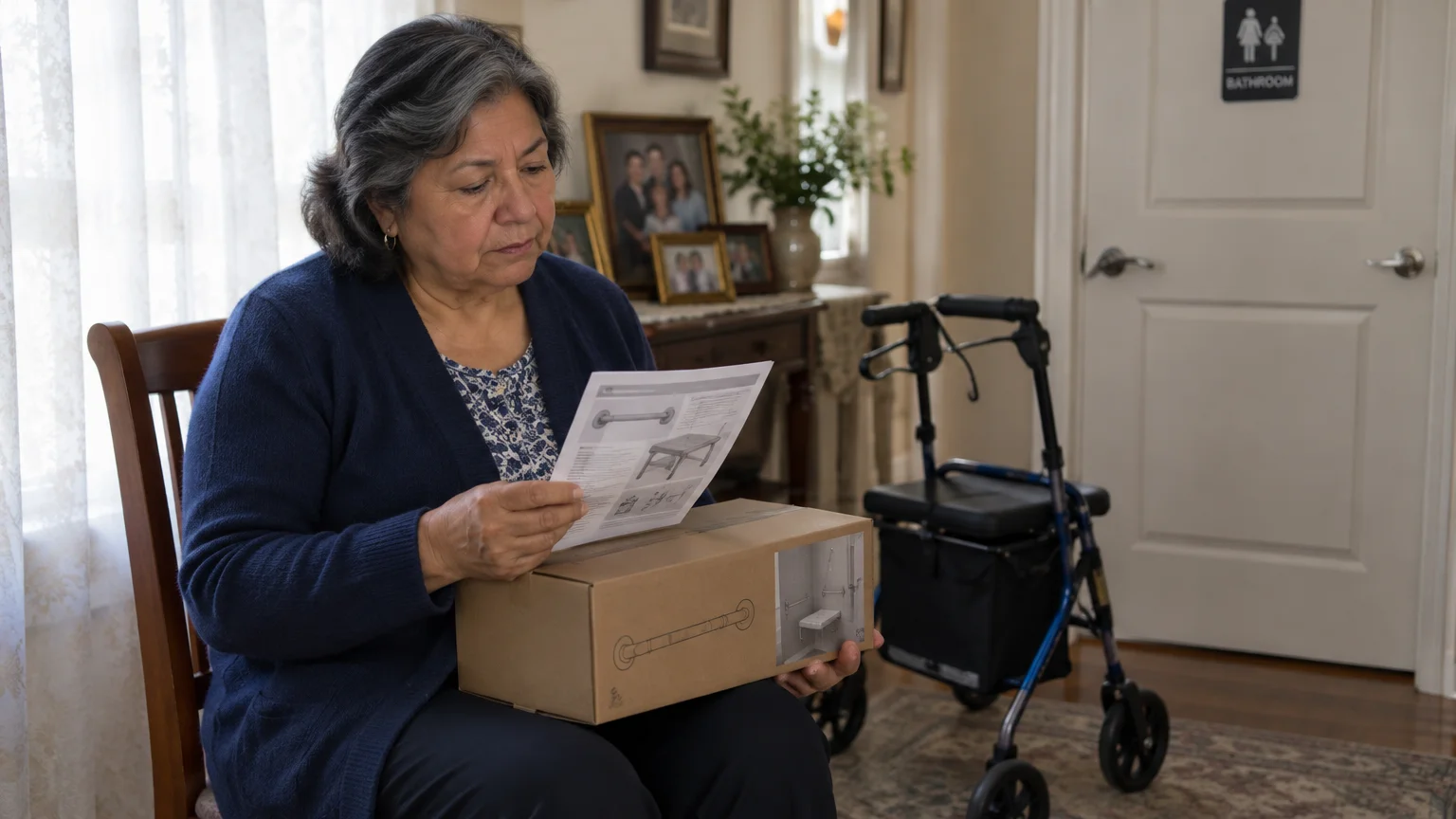 A woman sits holding an instruction sheet and a cardboard box, with a rolling walker standing nearby in the background.