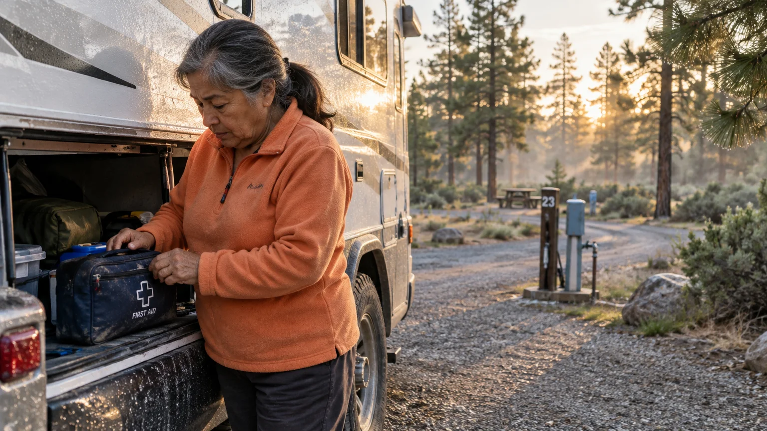 A woman in an orange fleece reaches into an RV storage compartment holding a first aid kit at a campground.