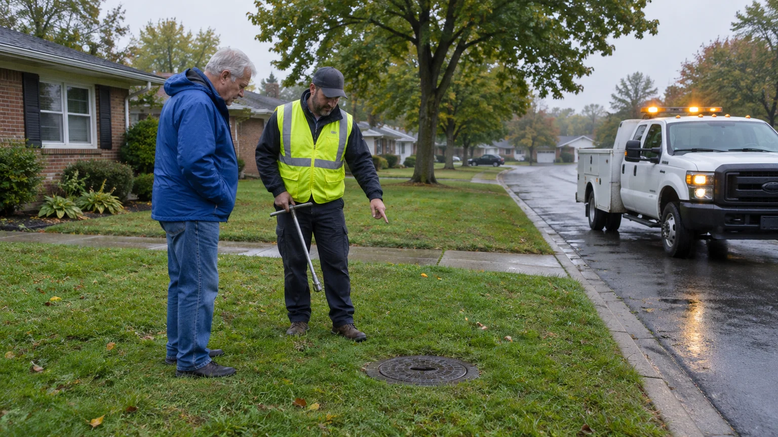 A utility worker in a safety vest points to a water meter cover on a front lawn while talking to a resident.