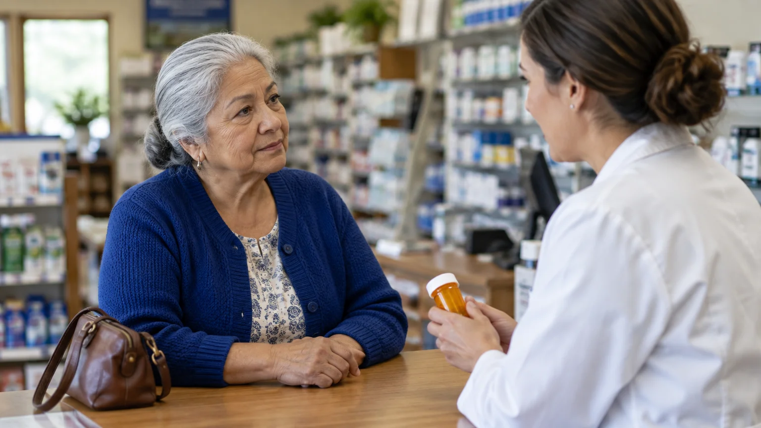 Senior woman listening to a pharmacist holding a prescription bottle over a pharmacy counter with stocked shelves behind.