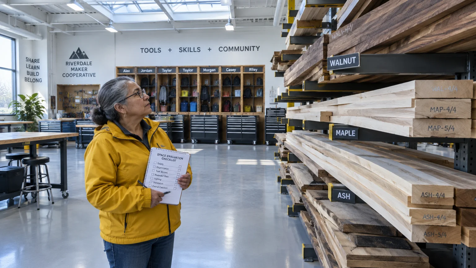 A woman holding a checklist notepad looks up at tall lumber storage racks filled with stacked wood in a bright workshop.