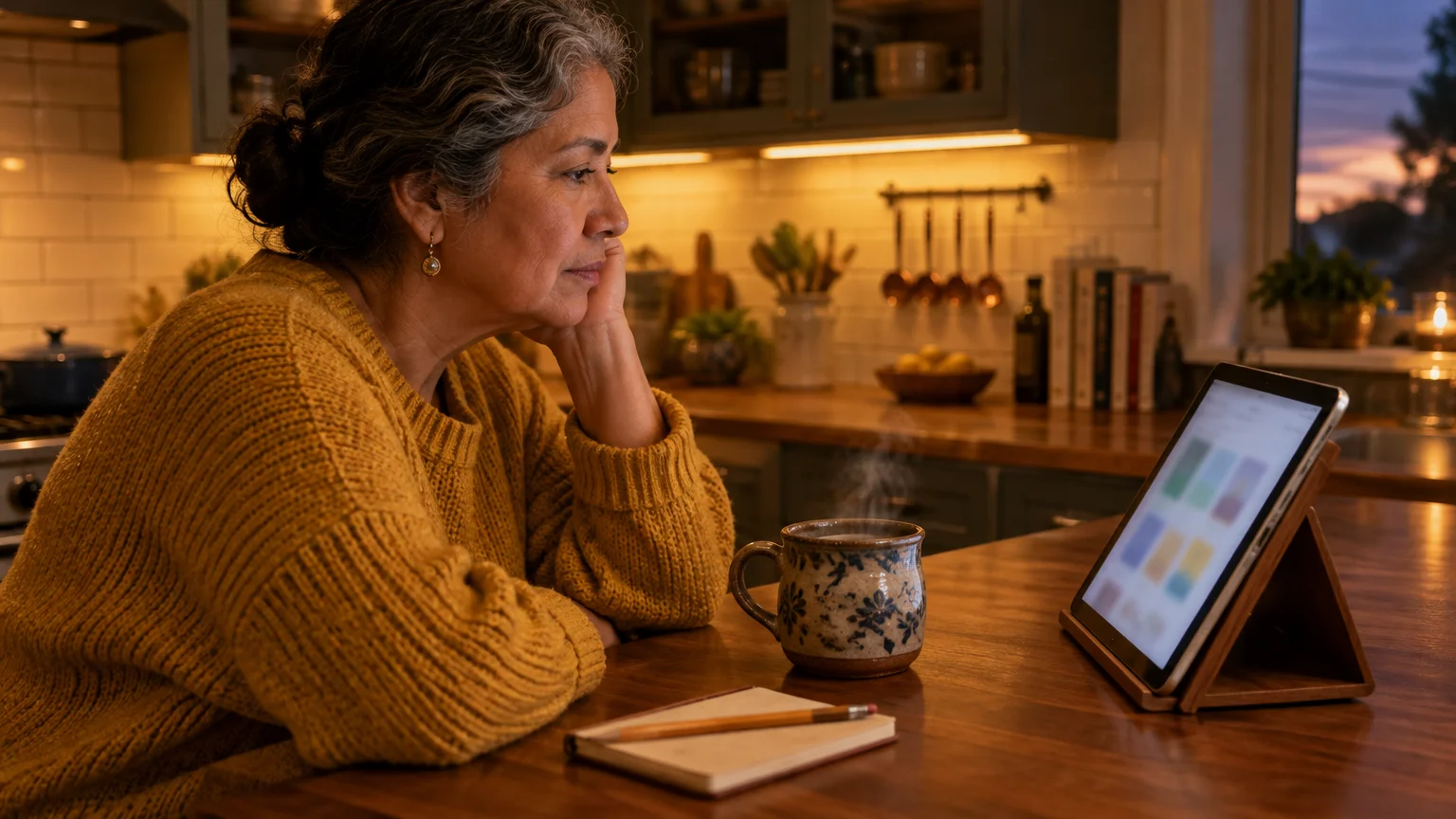 Woman sitting at a wooden kitchen counter looking thoughtfully at a tablet beside a steaming mug and notebook.