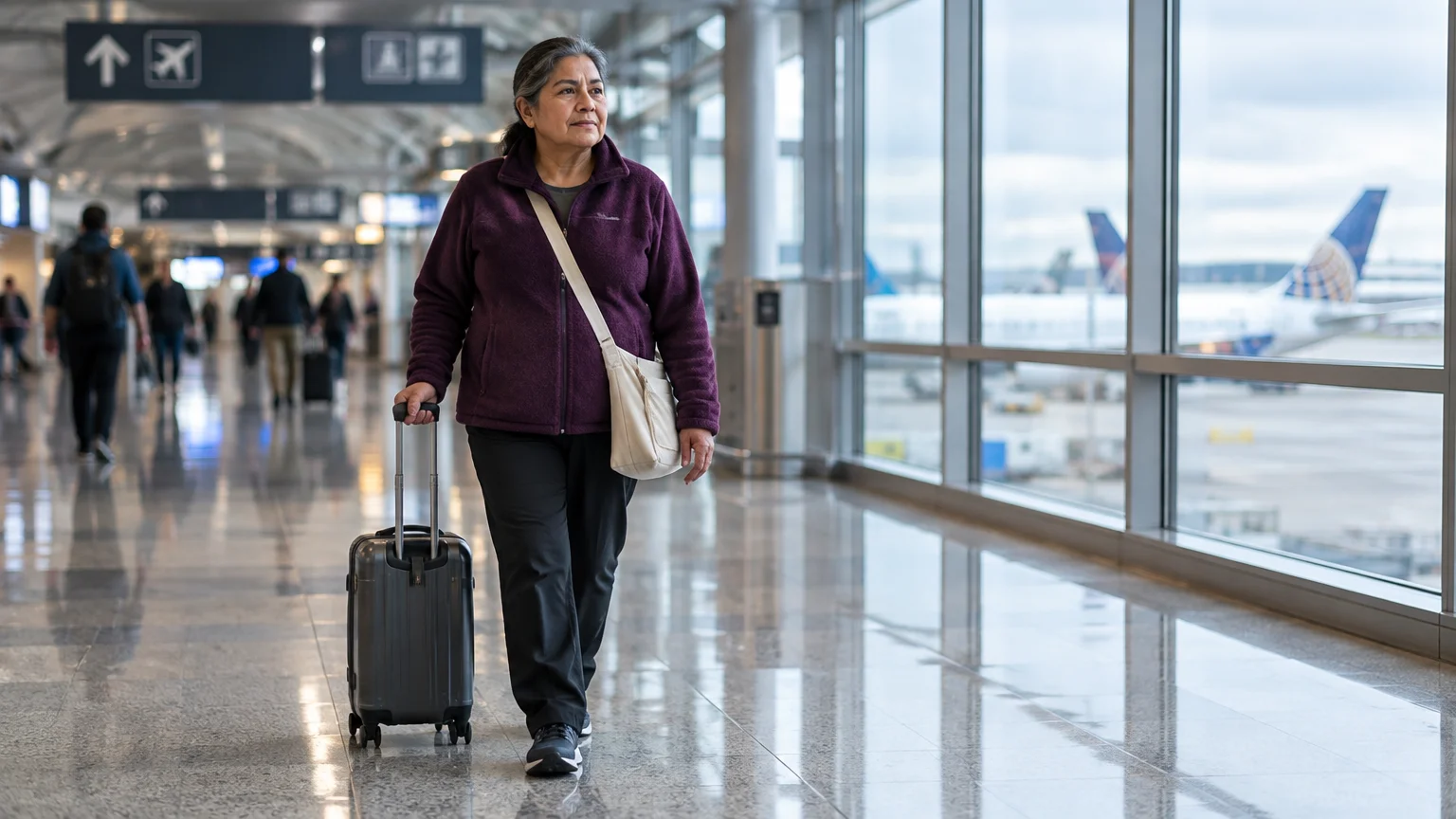 A woman pulling a rolling suitcase walks through an airport terminal past large windows overlooking airplanes.