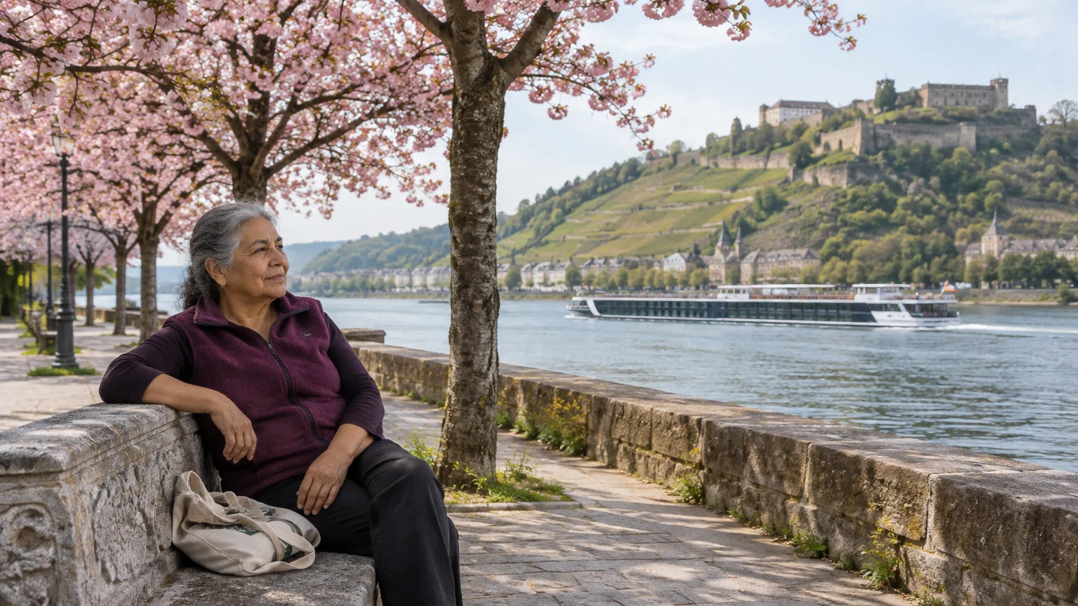 Older woman on a stone bench under blooming cherry trees as a river cruise ship passes a hillside castle.