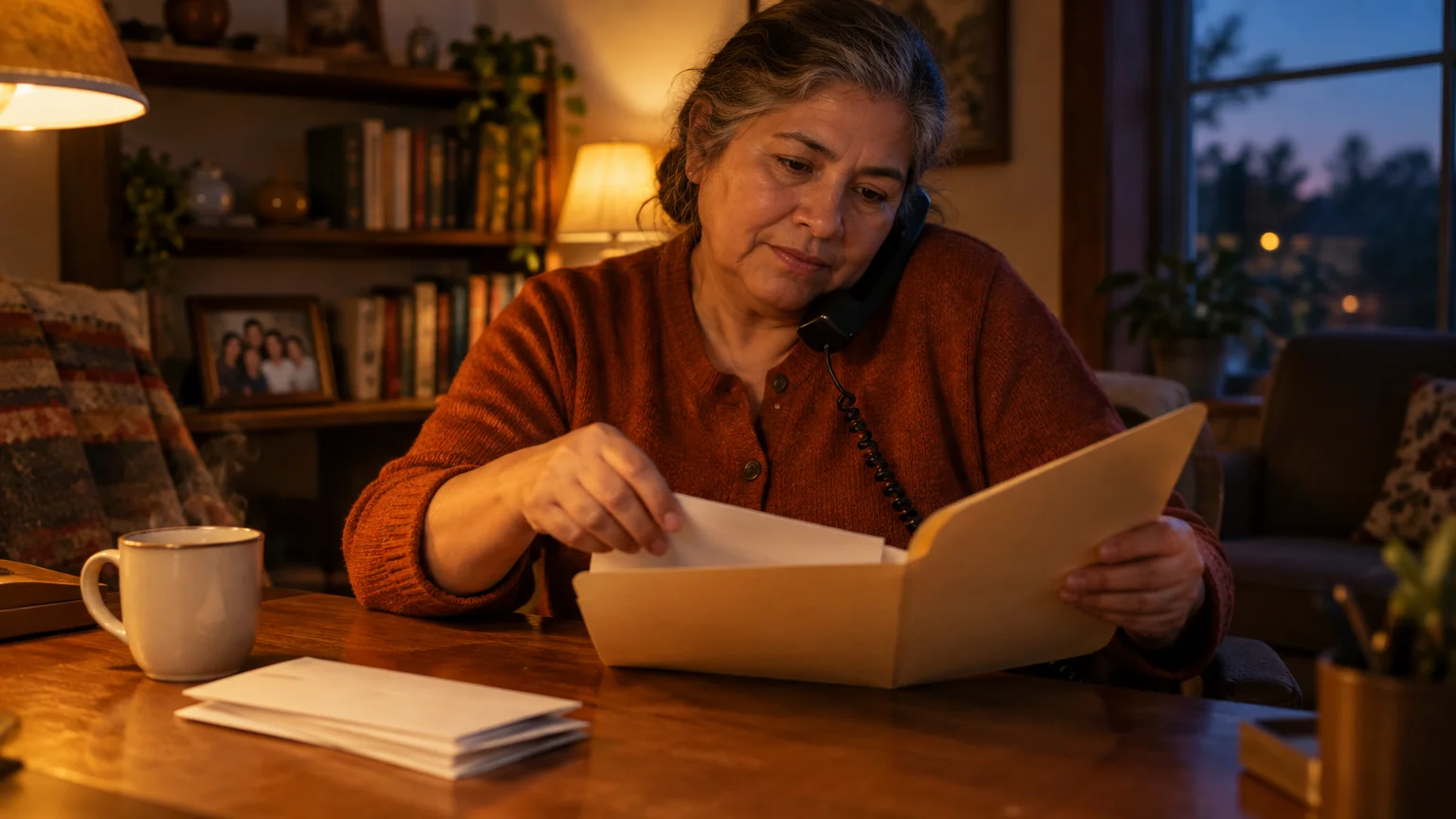 A woman sits at a wooden table talking on a landline phone while reviewing documents inside a manila folder.