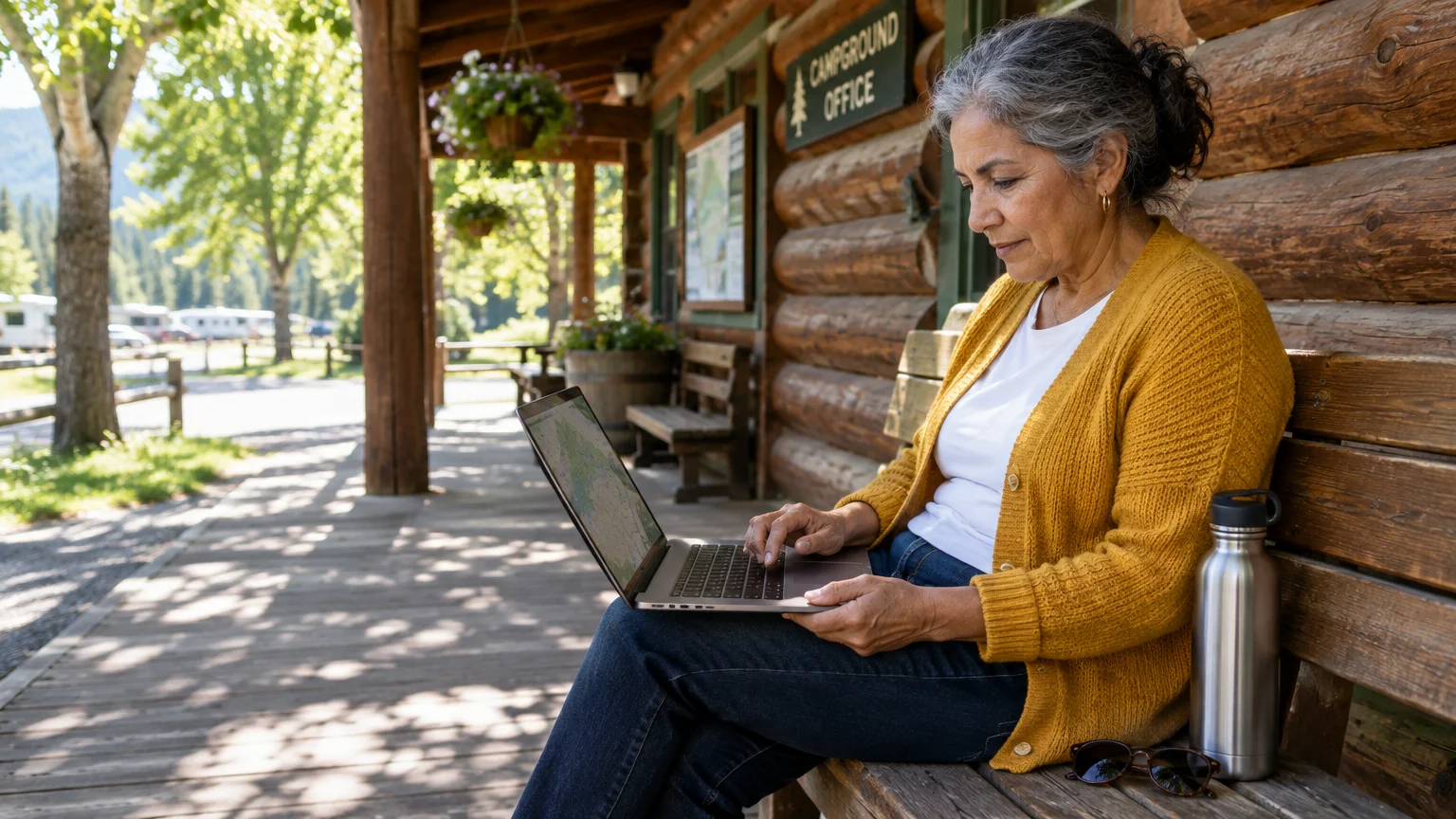A mature woman sits on a wooden bench outside a log cabin campground office using a laptop.