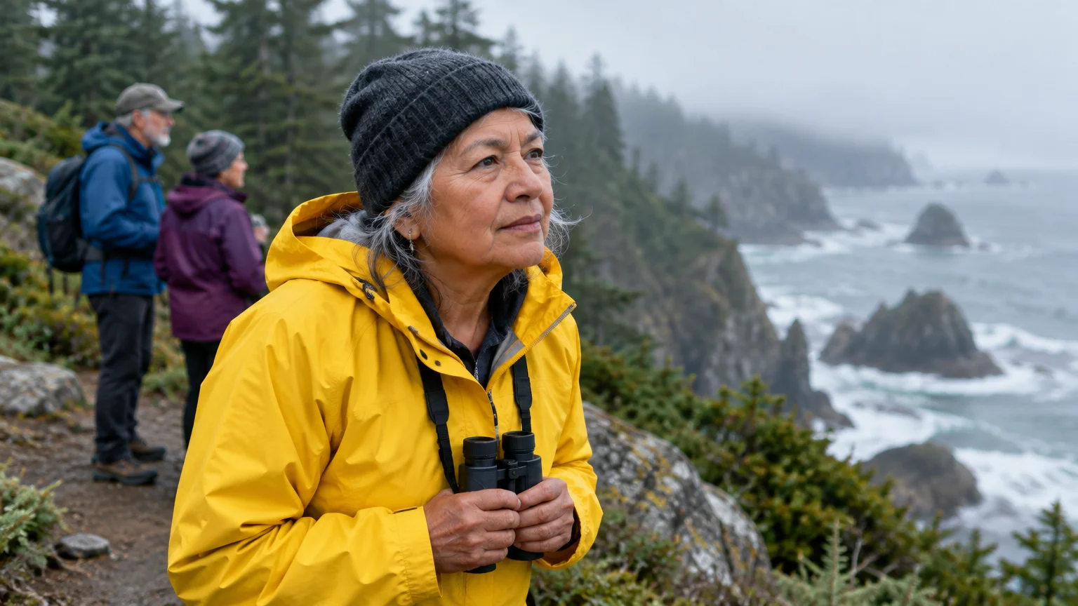 A woman in a yellow jacket and beanie holds binoculars on a coastal cliff trail, with other hikers behind her.
