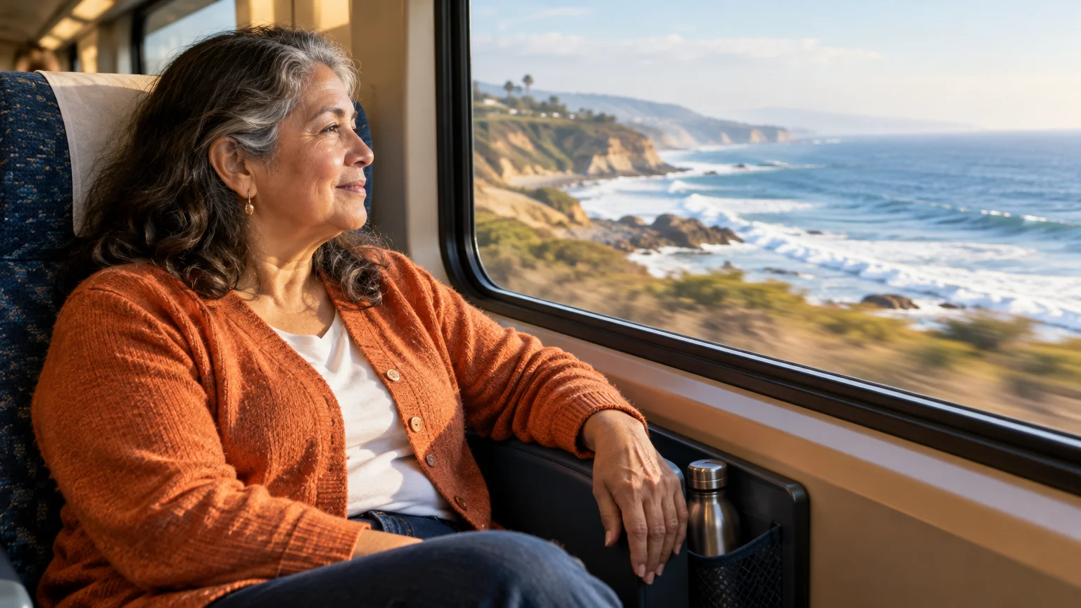 A mature woman in an orange cardigan smiles while looking out a train window at the ocean coastline.