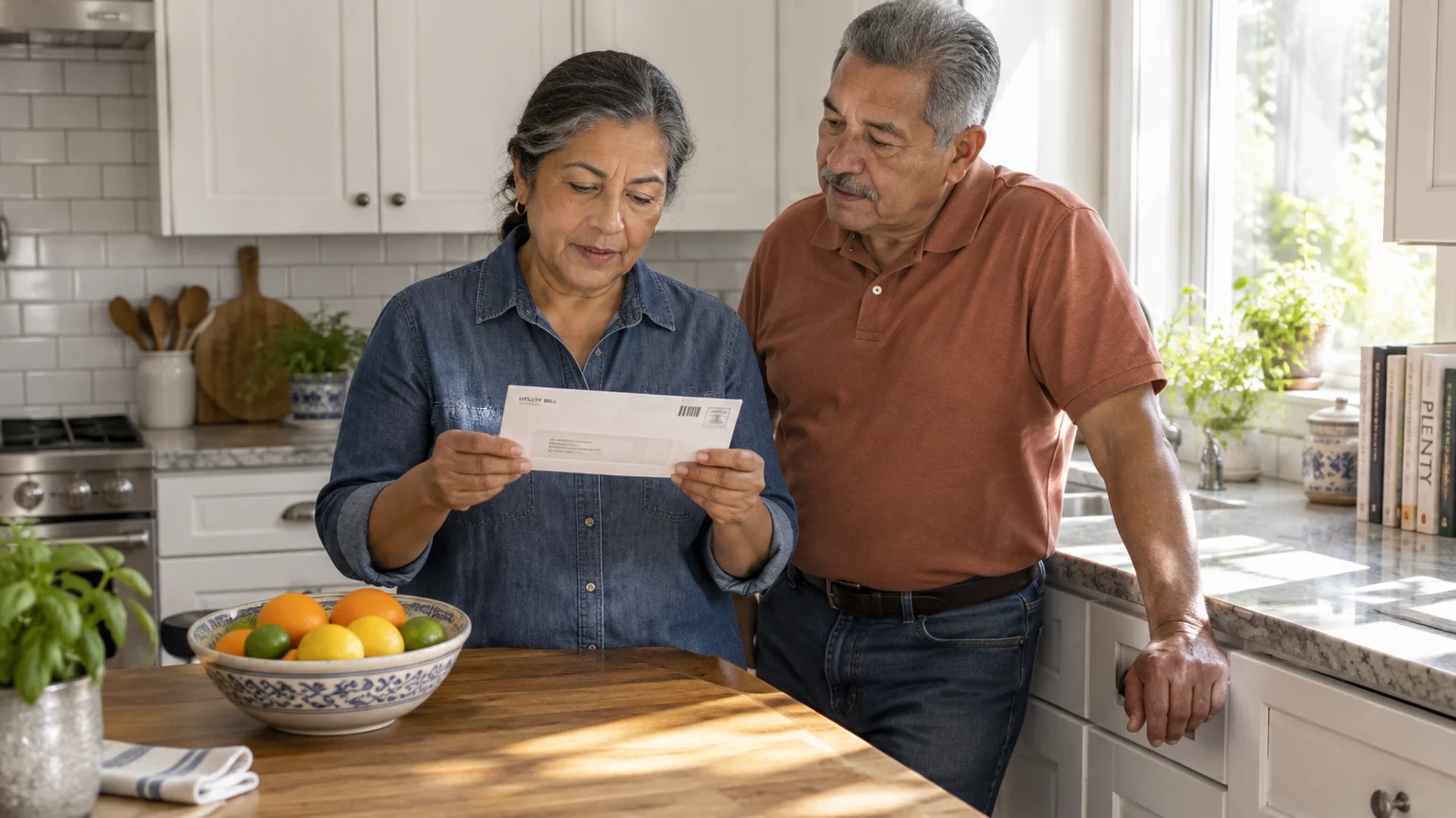 A woman holding a utility bill envelope stands beside a man in a kitchen with white cabinets.
