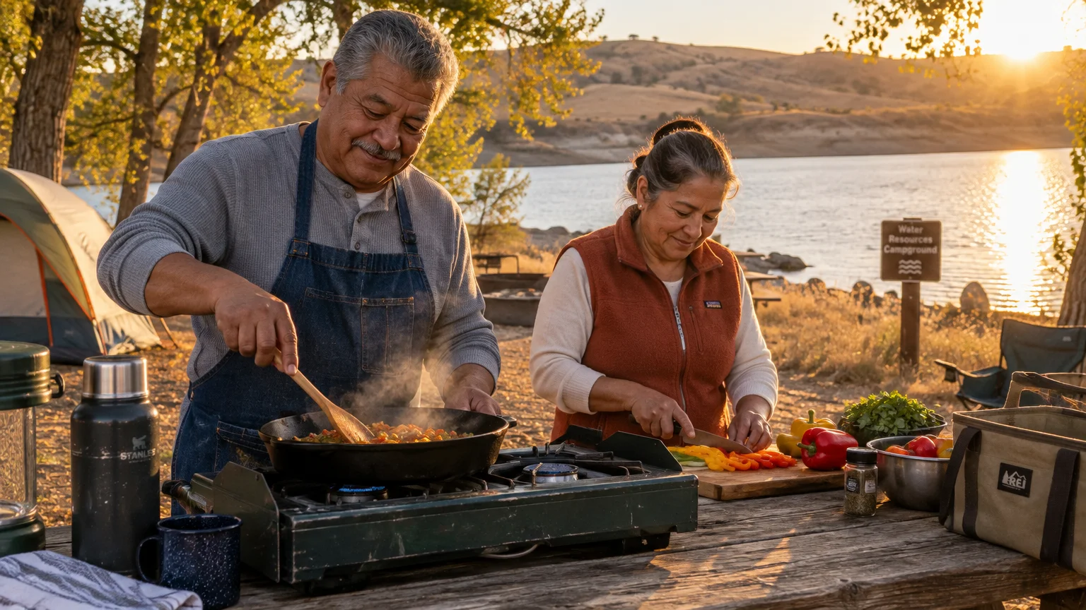 A senior couple cooks food together on a camp stove at an outdoor campsite beside a lake at sunset.