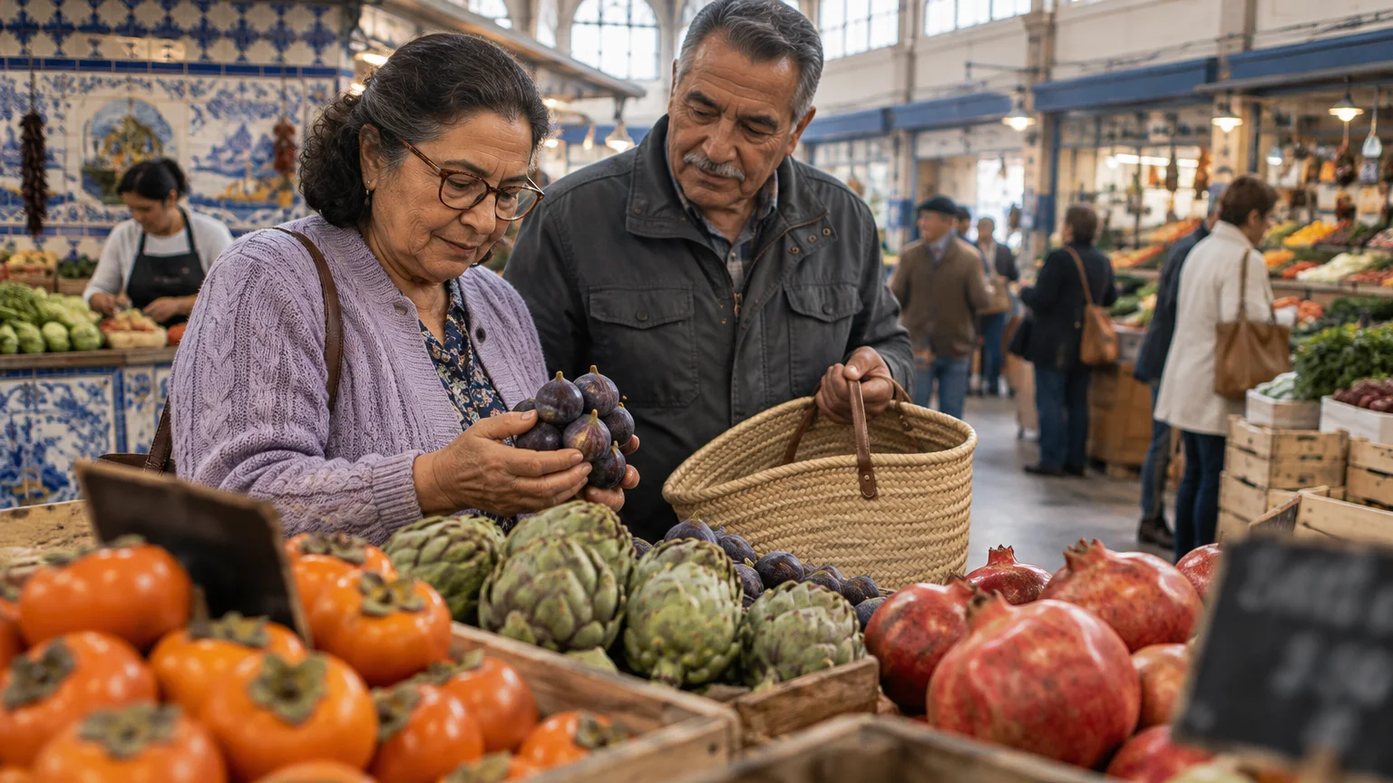An older couple inspects figs and artichokes at an indoor market stall with produce crates.