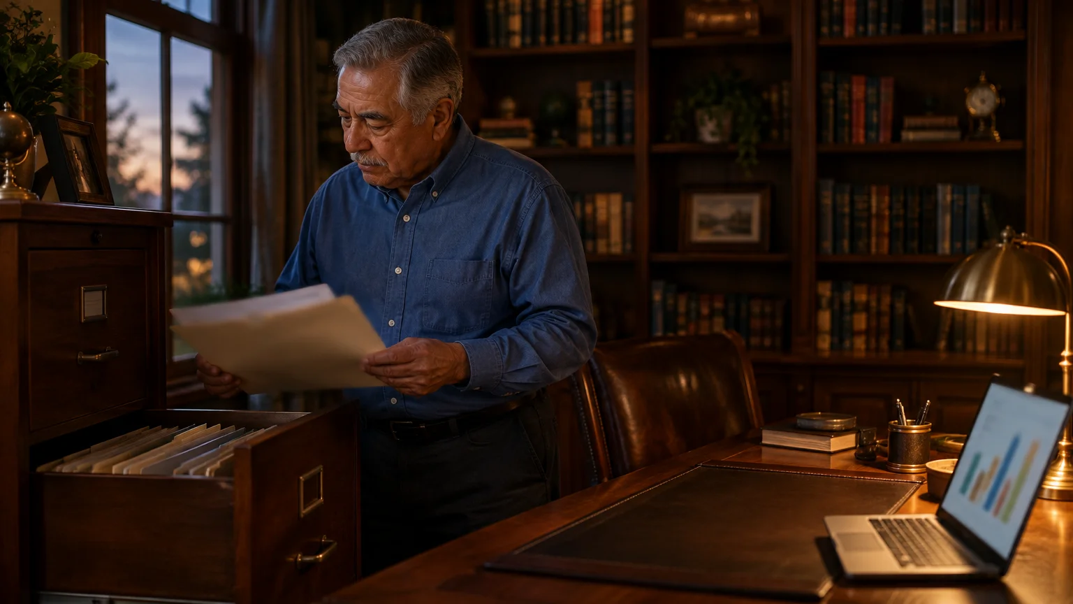 A mature man in a home library standing by a wooden filing cabinet and reviewing paperwork near a desk with a laptop.