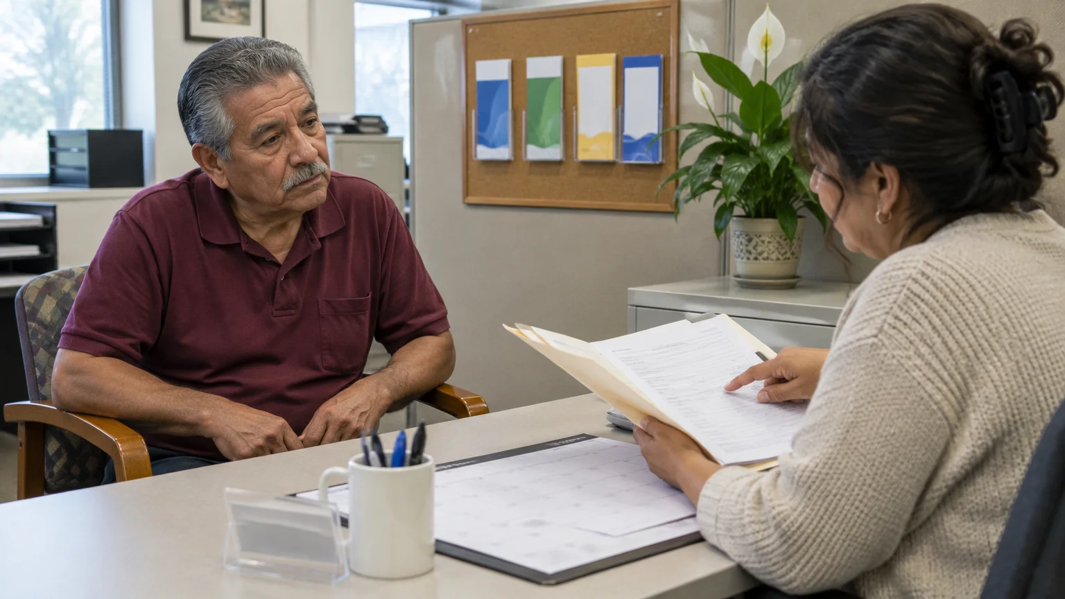 A senior man sits at an office desk while a caseworker reviews paperwork in an open folder.