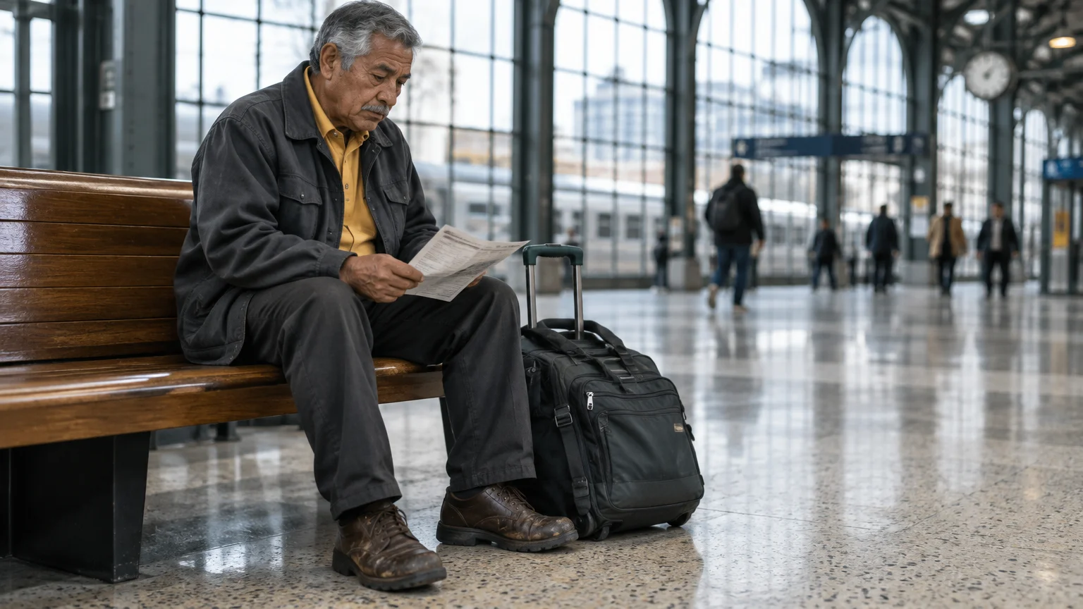 An older man sits on a wooden bench in a train station reading papers beside his wheeled luggage bag.