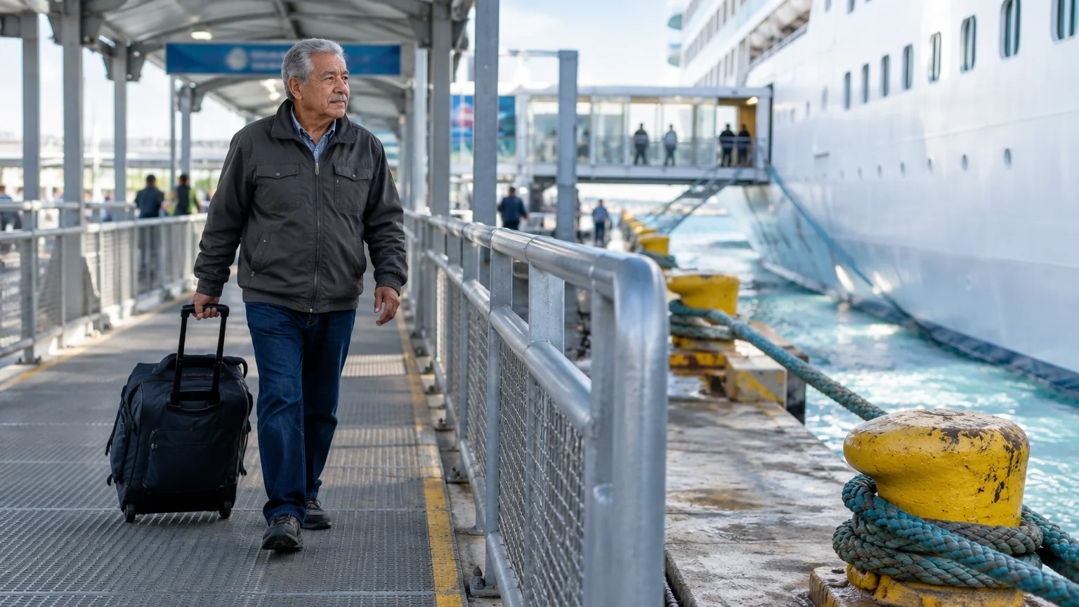 A senior man pulls a rolling suitcase along an outdoor pier walkway next to a docked cruise ship.
