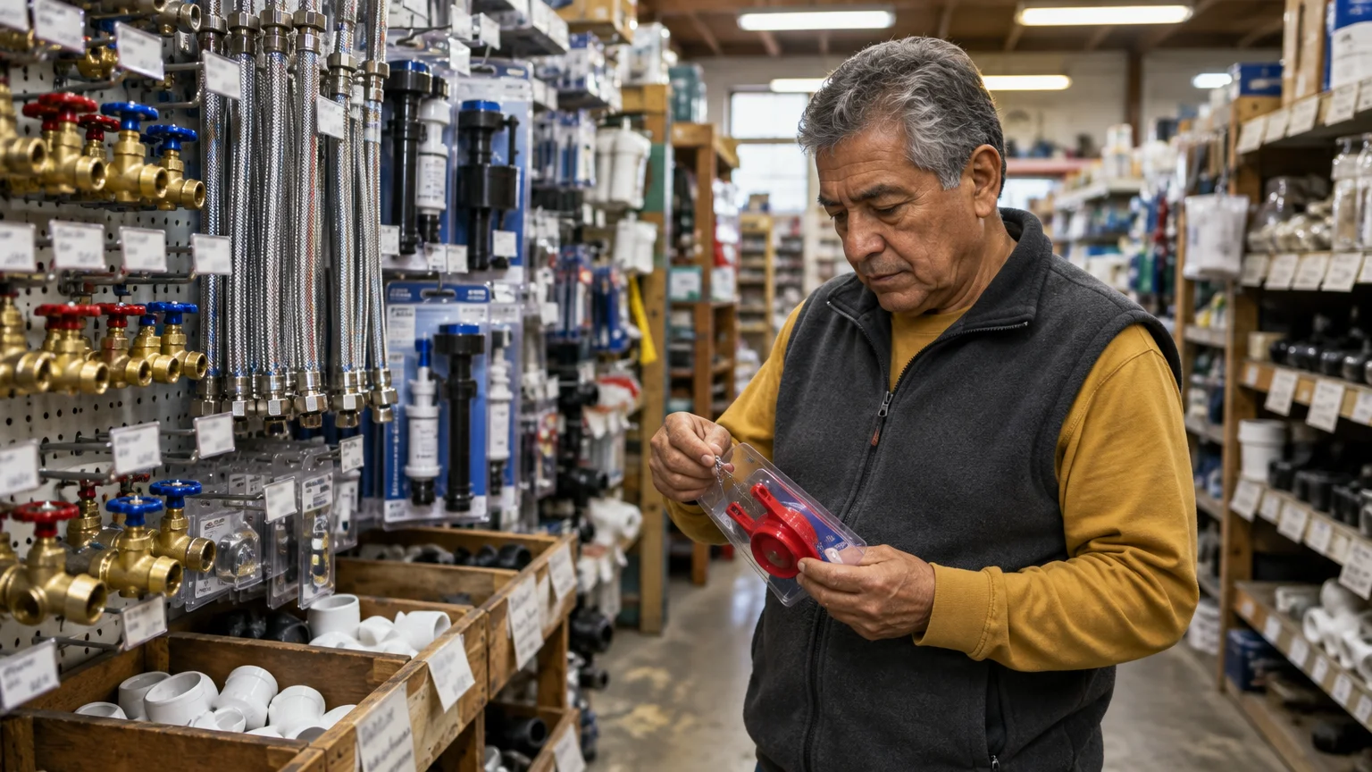 A man in a fleece vest inspects a packaged red toilet flapper while standing in a hardware store plumbing aisle.