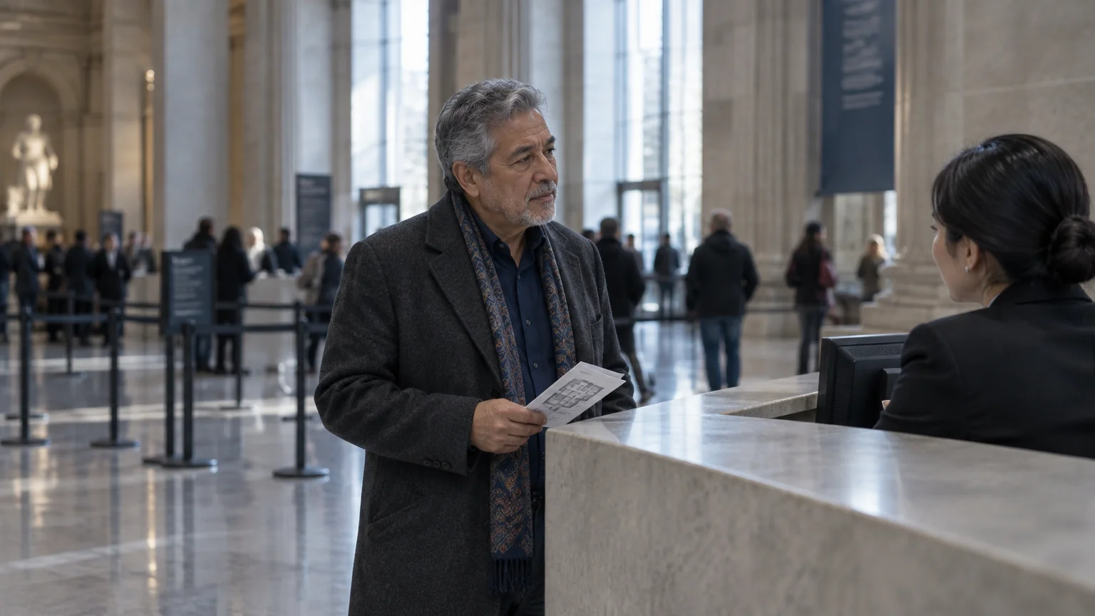 A senior man in an overcoat and scarf holds papers at a museum admission desk while speaking to a receptionist.