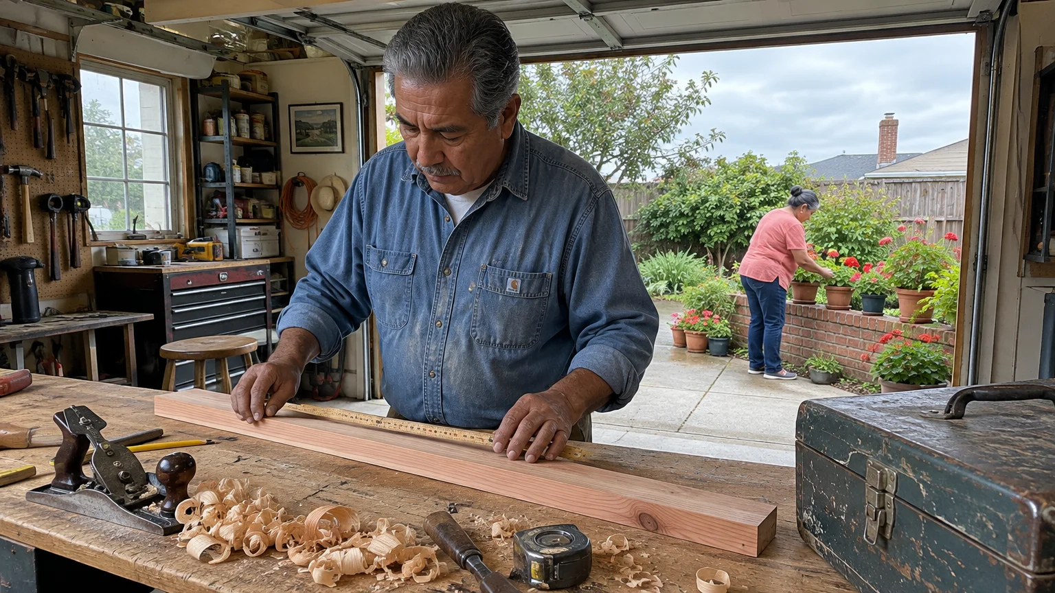 Man measuring wood at a workbench in a garage workshop while a woman tends potted flowers in the garden outside.