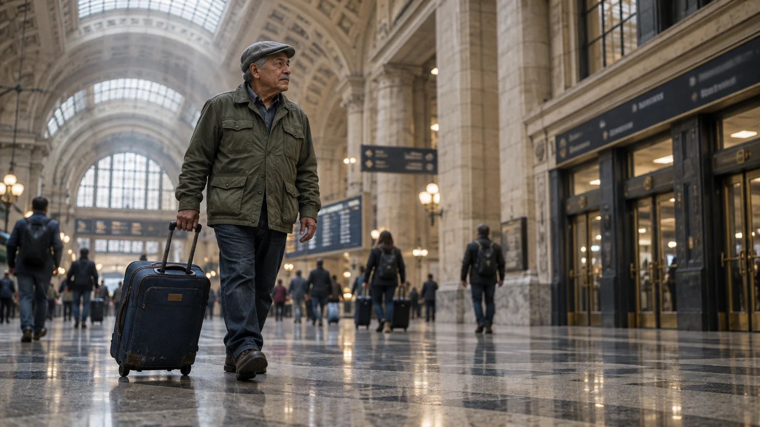 An older man wearing a cap and jacket pulls a suitcase through a spacious, grand train station concourse.