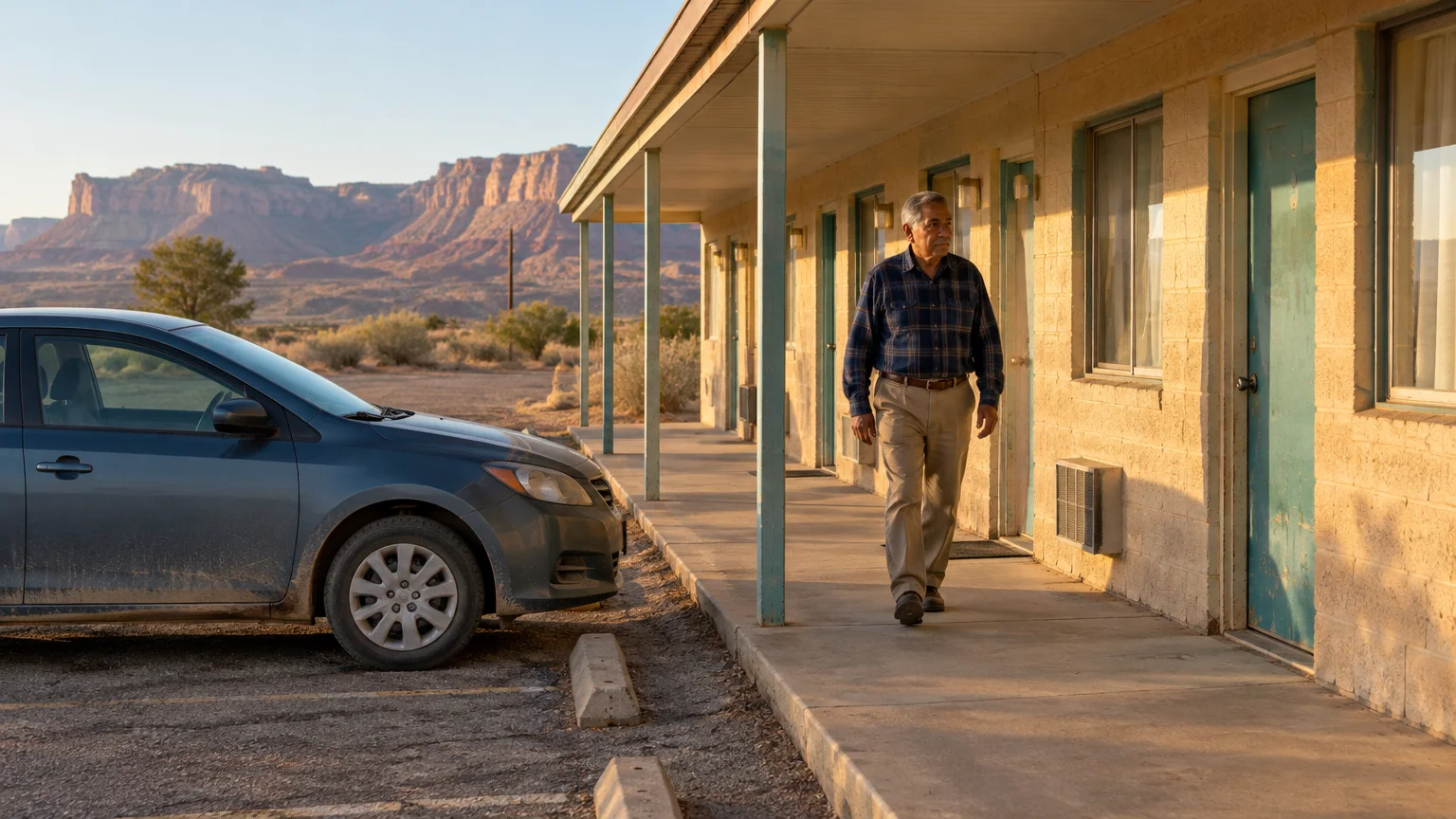 A man walks along the exterior walkway of a single-story desert motel beside a parked car and red rock mesas.