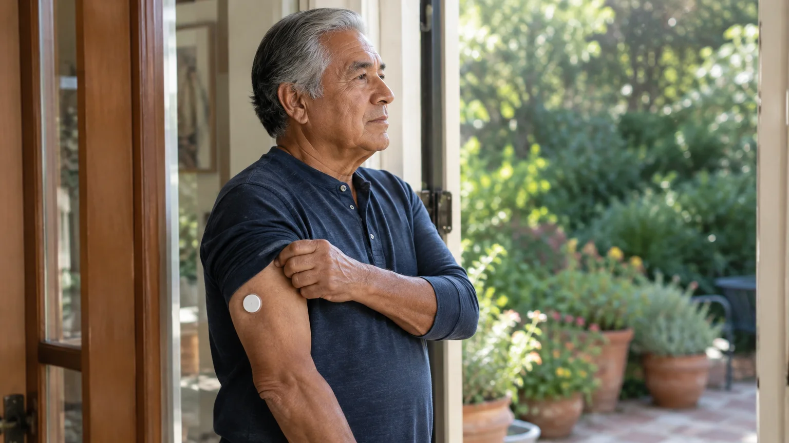 Senior man rolling up his sleeve to show a white continuous glucose monitor sensor applied to his upper arm.