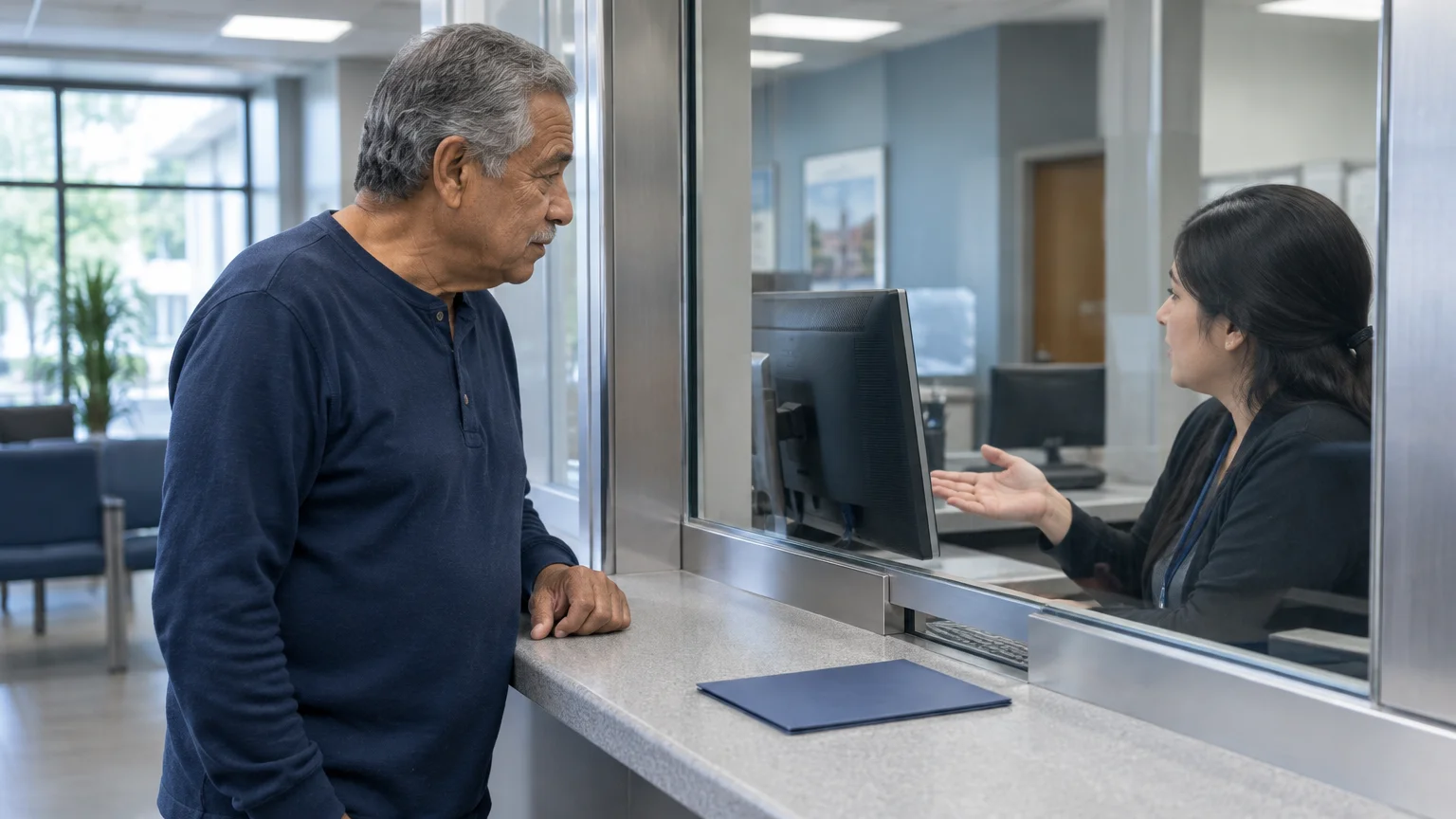Older man in a blue shirt speaking with a woman behind a glass service counter window in an office.