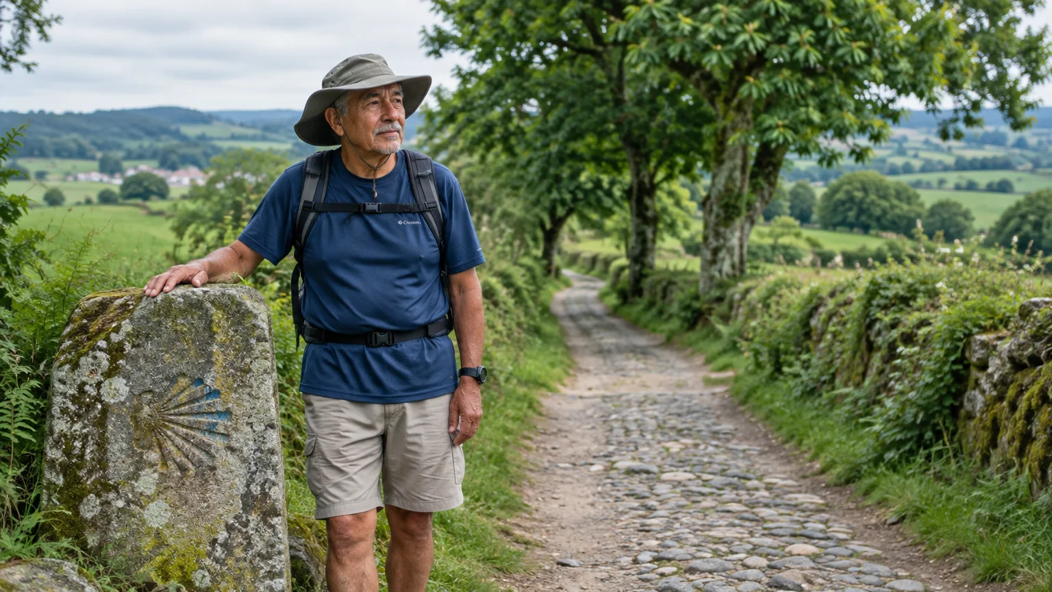 A senior man with a backpack and sun hat pauses by a stone Camino scallop marker along a rural cobblestone path.