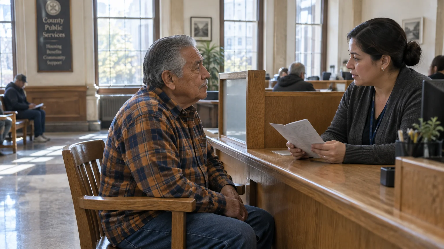 An older man in a flannel shirt sits across a wooden counter speaking with a municipal office worker holding paperwork.