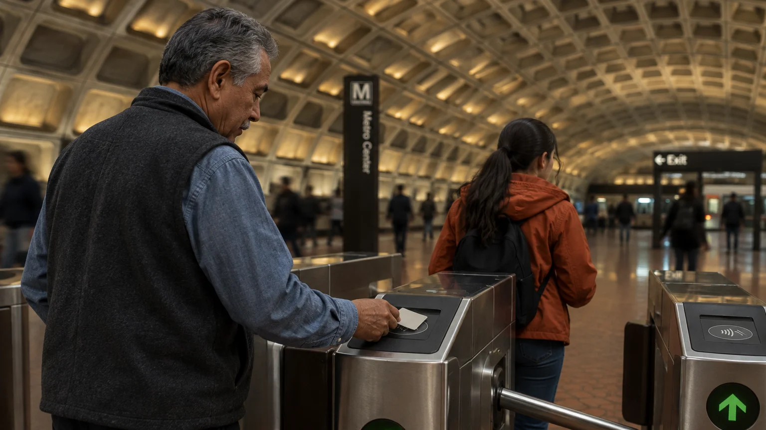 A man taps a fare card at a Metro turnstile inside a cavernous underground transit station.