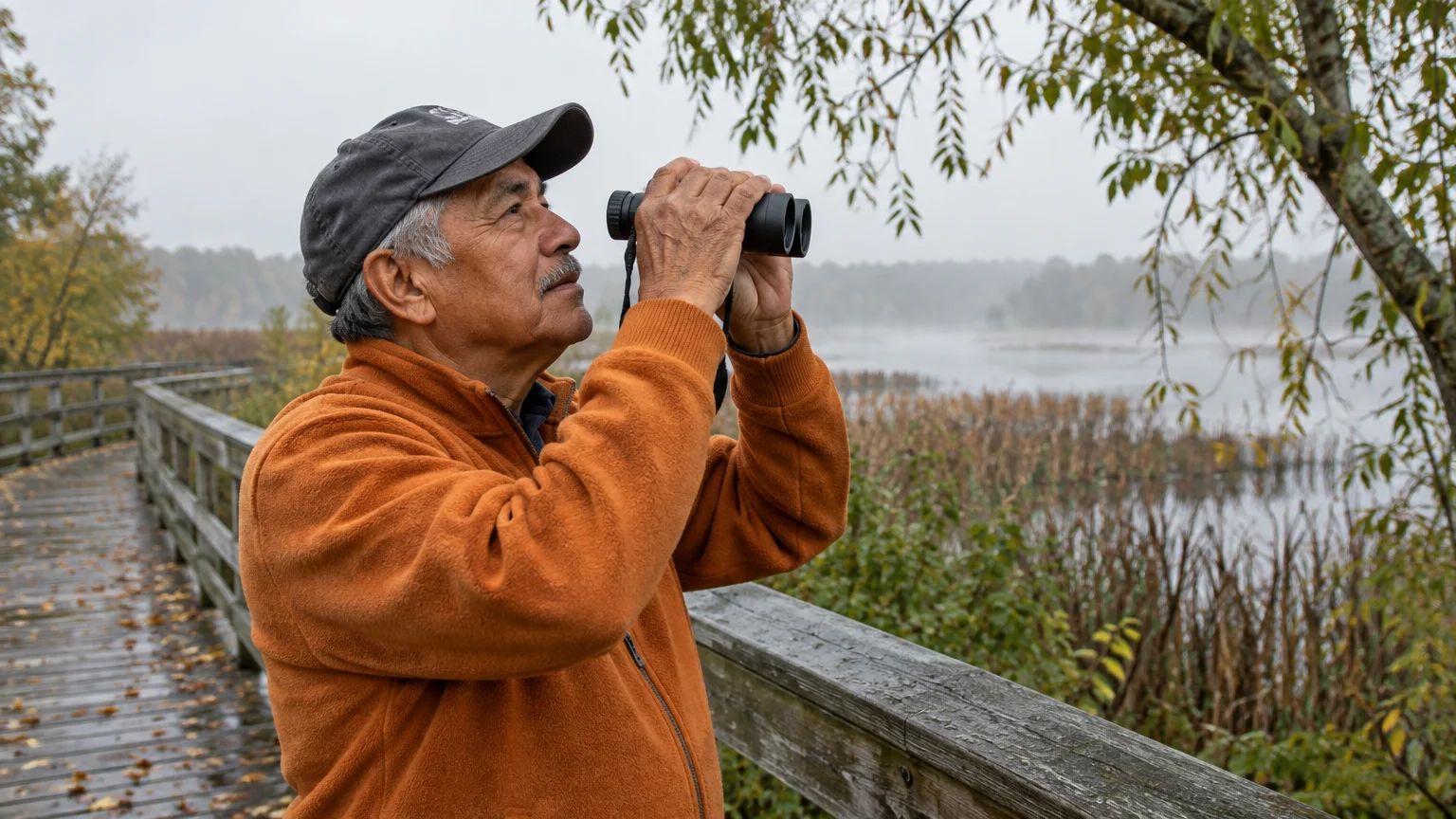 A man in an orange fleece jacket and cap looks through binoculars from a wooden boardwalk near a misty wetland.