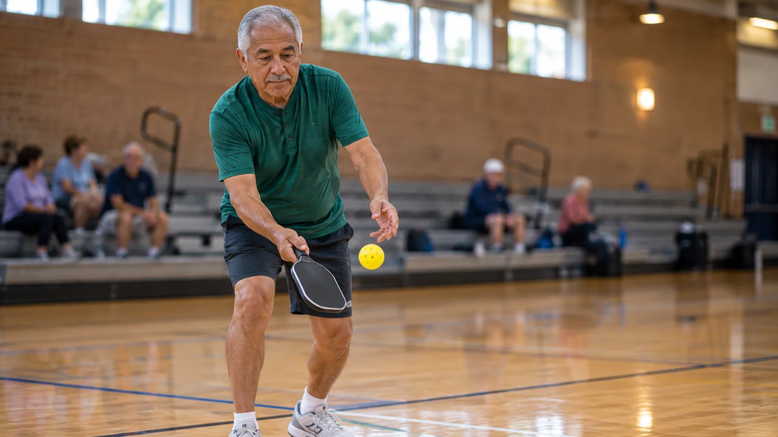 Senior man in a green shirt bending forward to hit a yellow pickleball with a black paddle on a wooden indoor gym court.