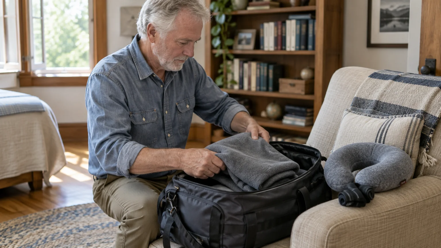 A senior man packs a folded grey fleece blanket into a black duffel bag beside a neck pillow on an armchair.