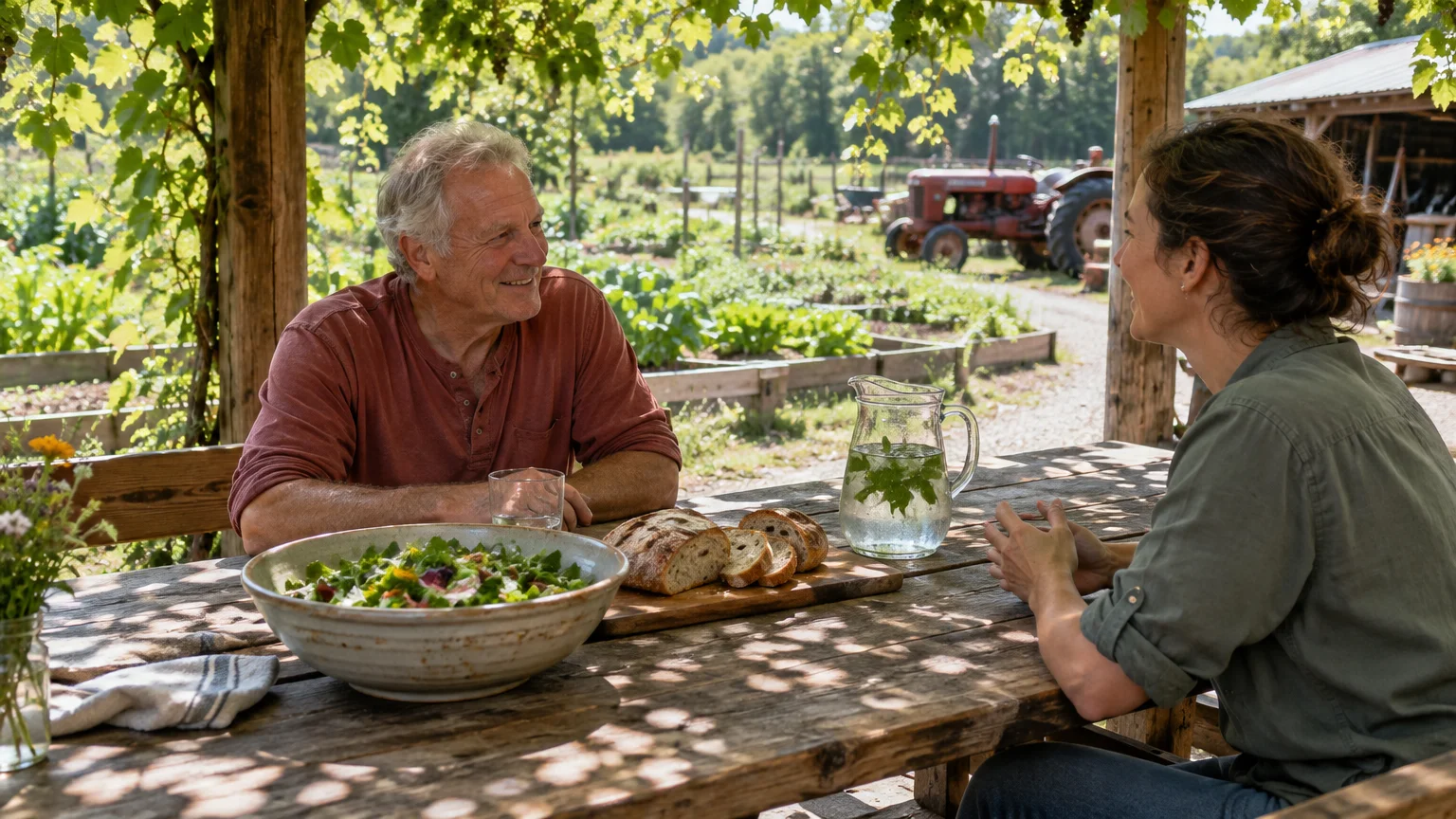 A smiling older man and a woman sit at a rustic wooden table with salad and bread overlooking a sunny farm garden.