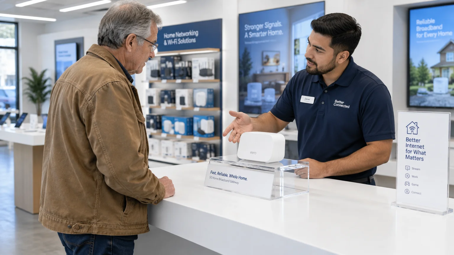 A store representative at a retail counter presents a white internet router to a customer.