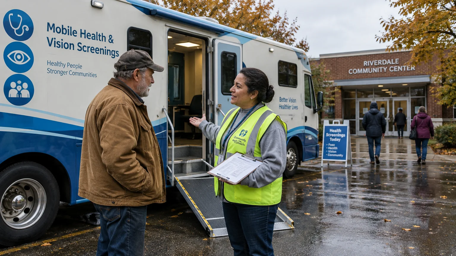 A health worker in a safety vest welcomes an older man into a mobile health and vision screening van.