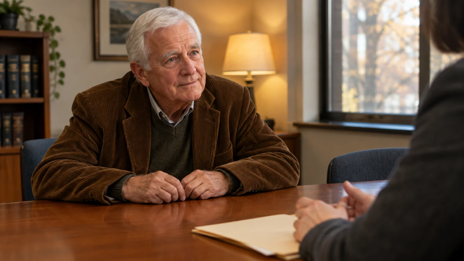 Senior man in a corduroy jacket seated at an office desk listening to an advisor across from a folder.