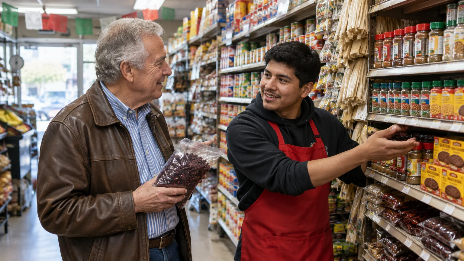 An older man holding a bag talks with a young clerk in a red apron standing beside grocery store shelves.