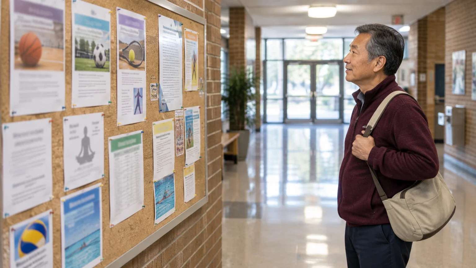 An older man with a shoulder bag looks at flyers pinned to a community center bulletin board in a hallway.