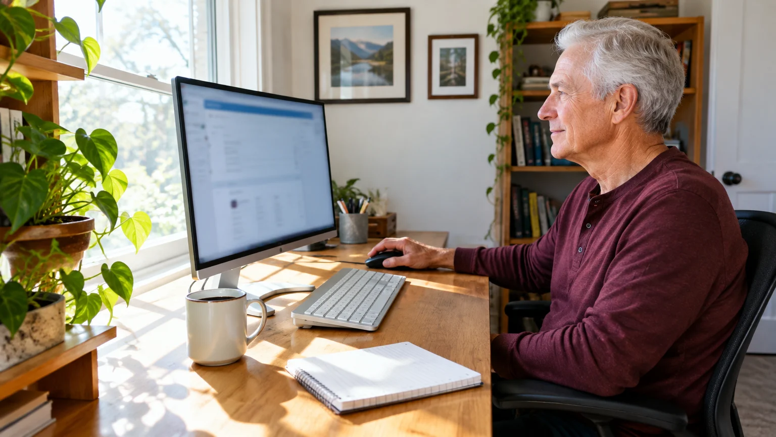 A senior man with gray hair sits at a wooden desk using a computer near a bright window with potted plants.