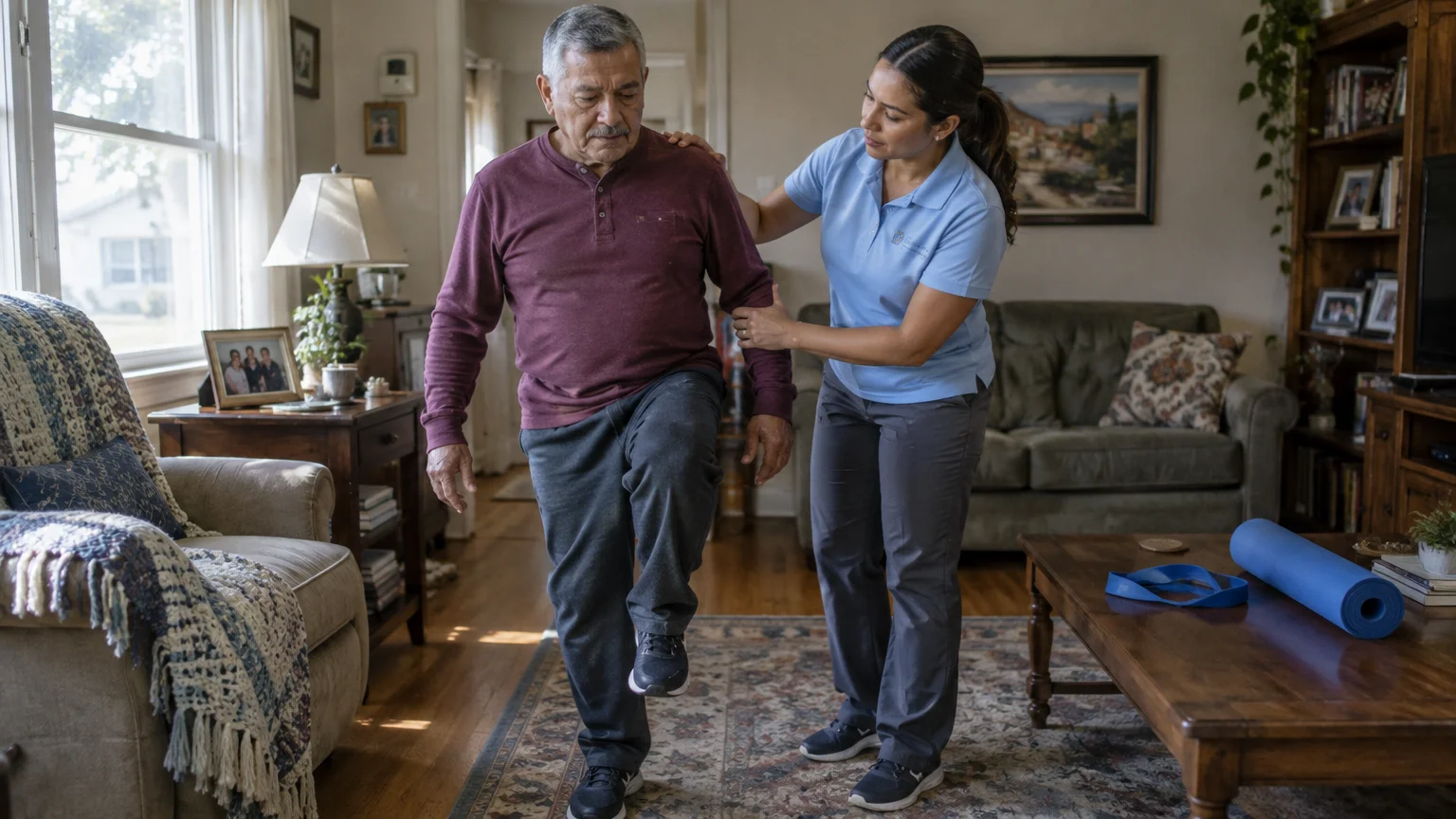 A female physical therapist supports an older man as he practices lifting his leg in a living room.