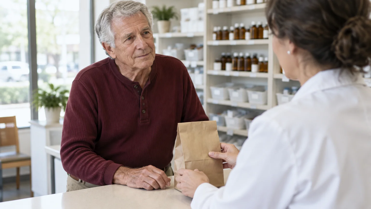 An older man at a pharmacy counter receives a brown paper bag from a pharmacist in a white coat.