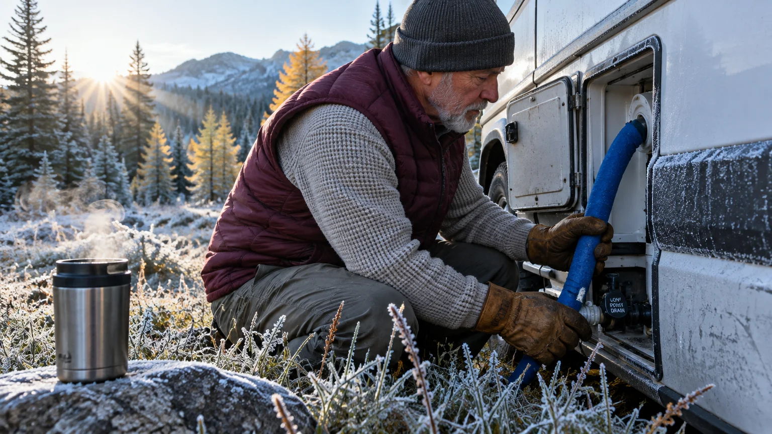 A bearded man in a knit beanie and work gloves connects a blue insulated hose to an exterior campervan utility port.