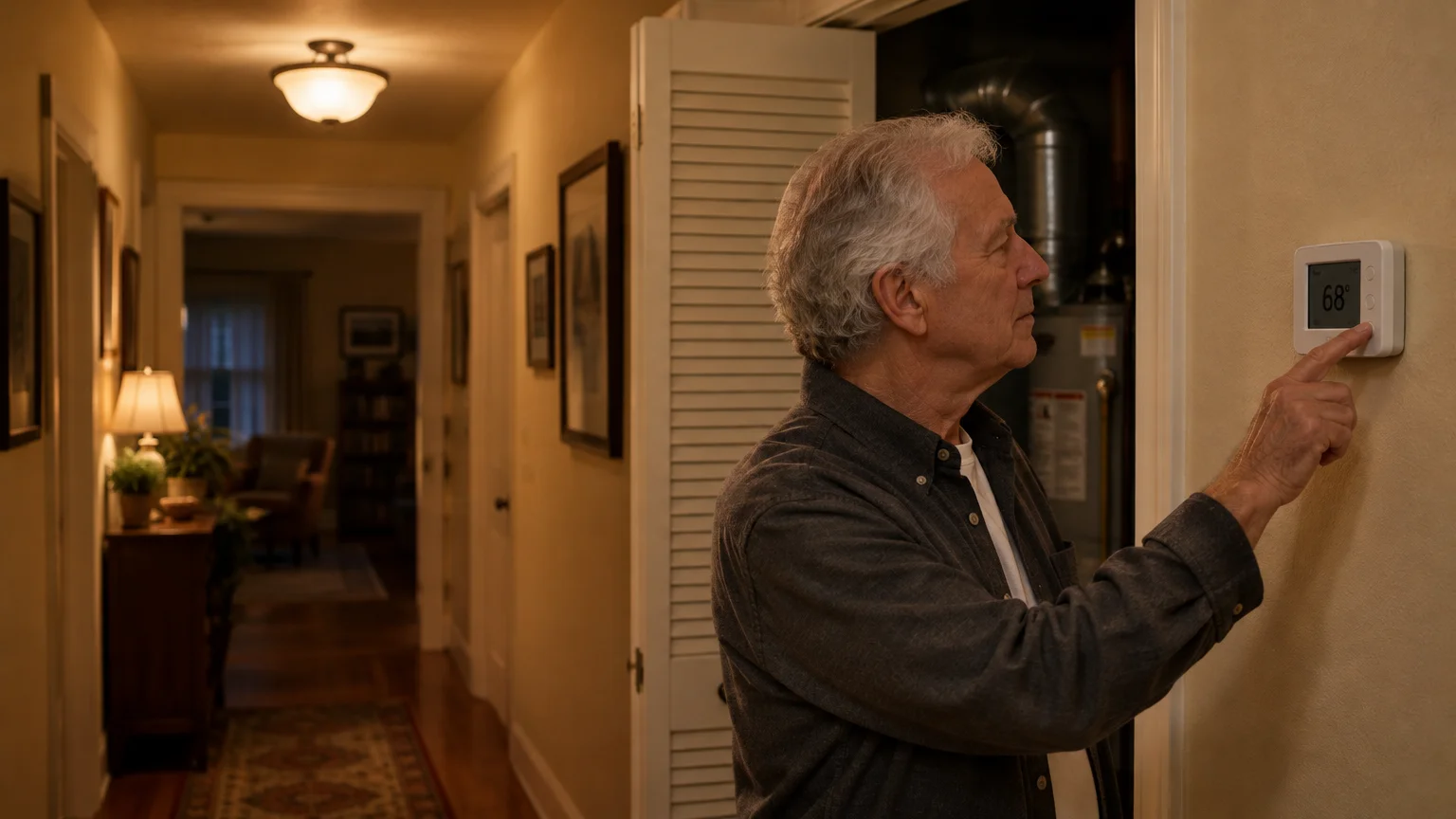 Older man with gray hair adjusting a digital wall thermostat in a hallway near an open utility closet.