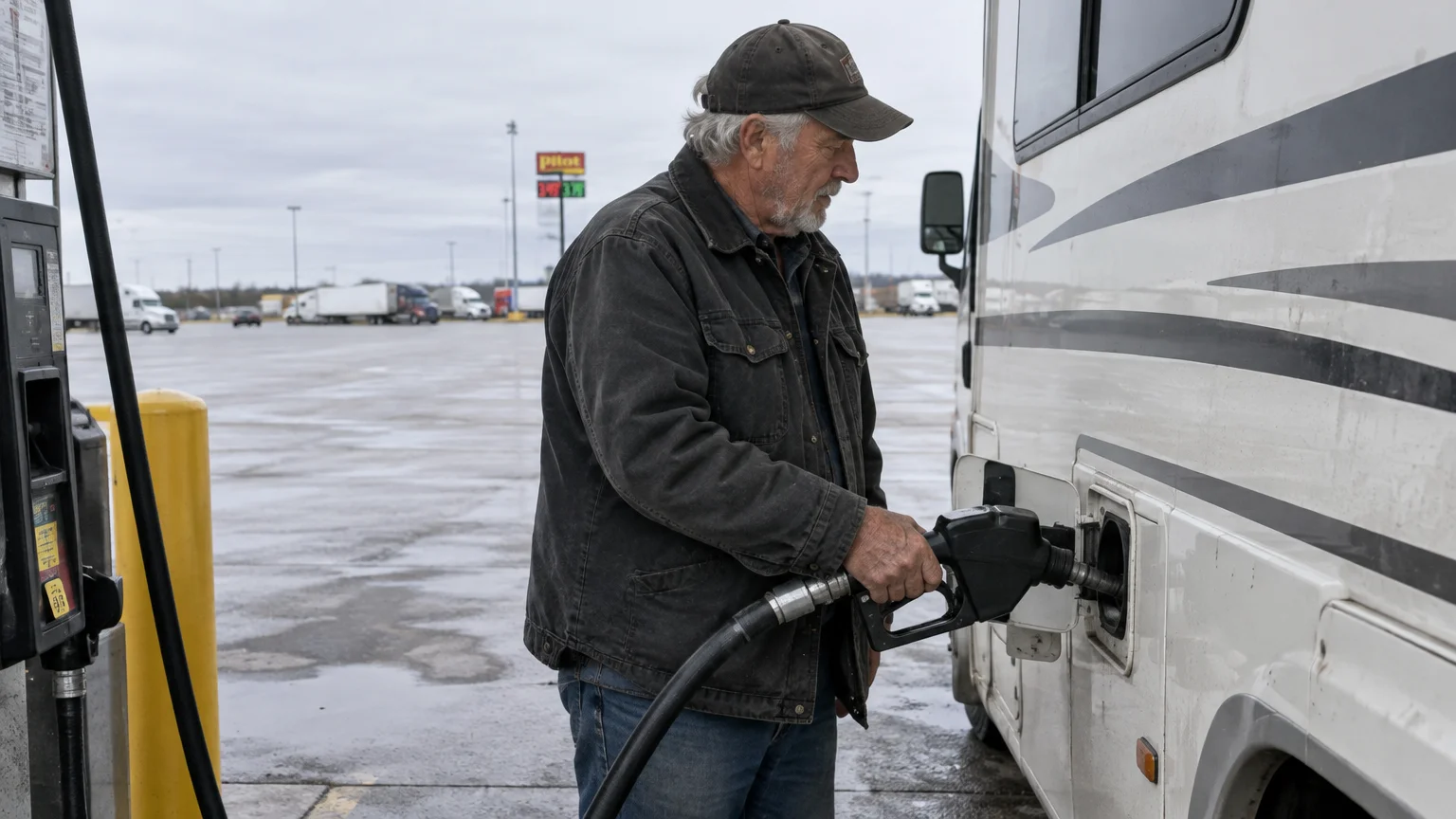 Older man in a baseball cap and jacket pumps fuel into a large white recreational vehicle at an open truck stop.