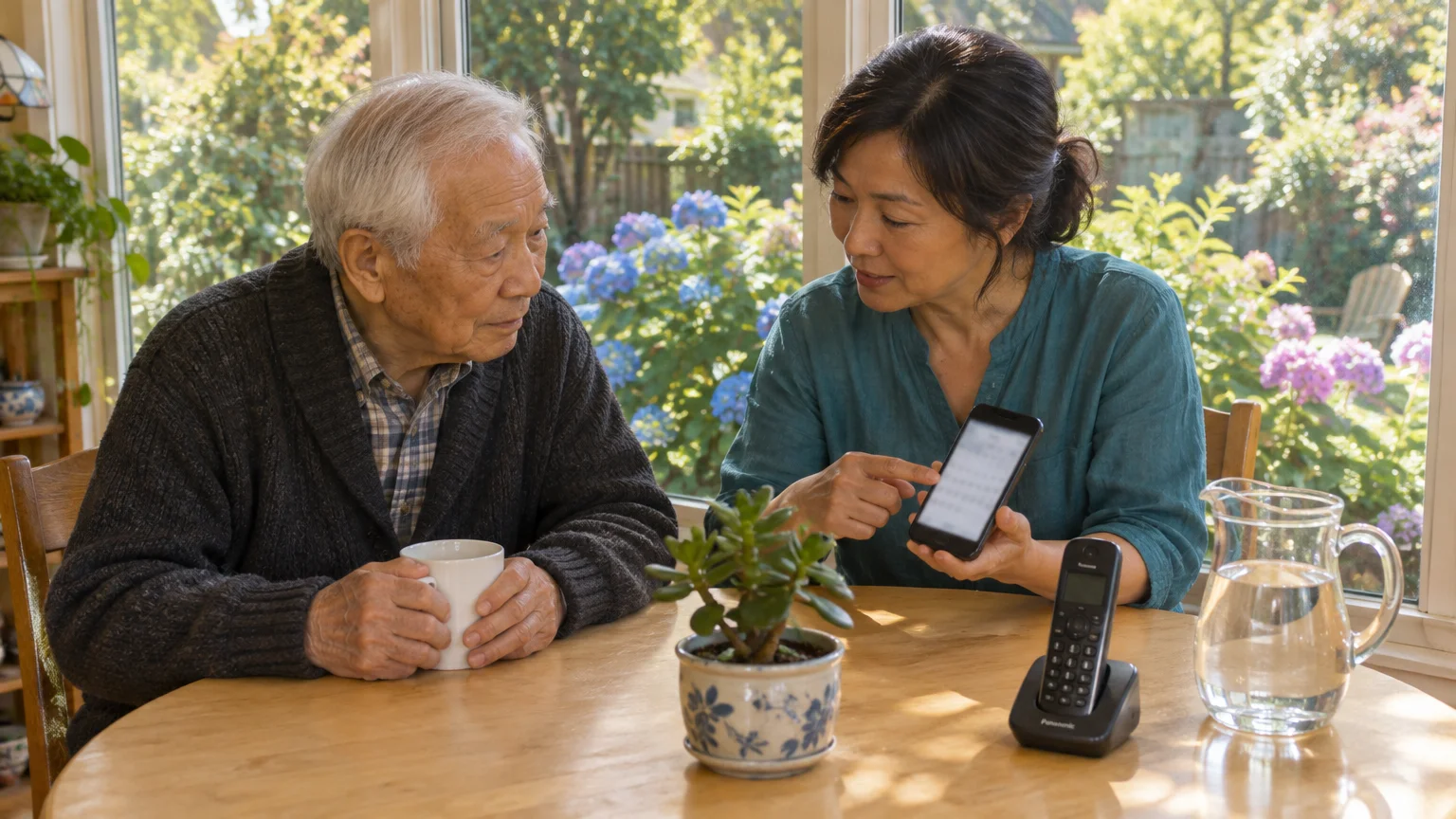 A woman shows a smartphone screen to an older man seated at a table with a cordless phone and potted plant.
